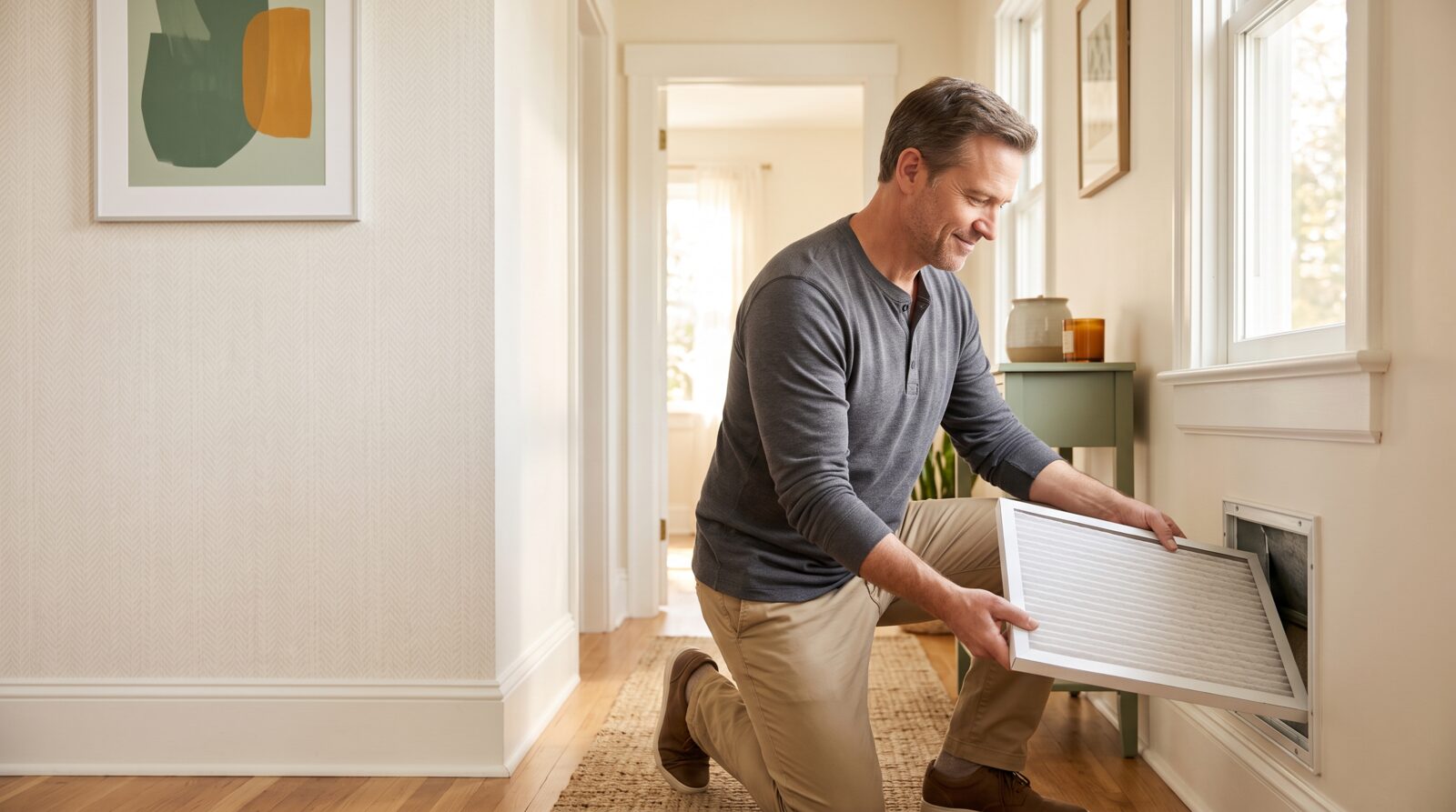 A homeowner kneeling in a sunlit hallway, sliding a clean furnace filter into a wall return vent.